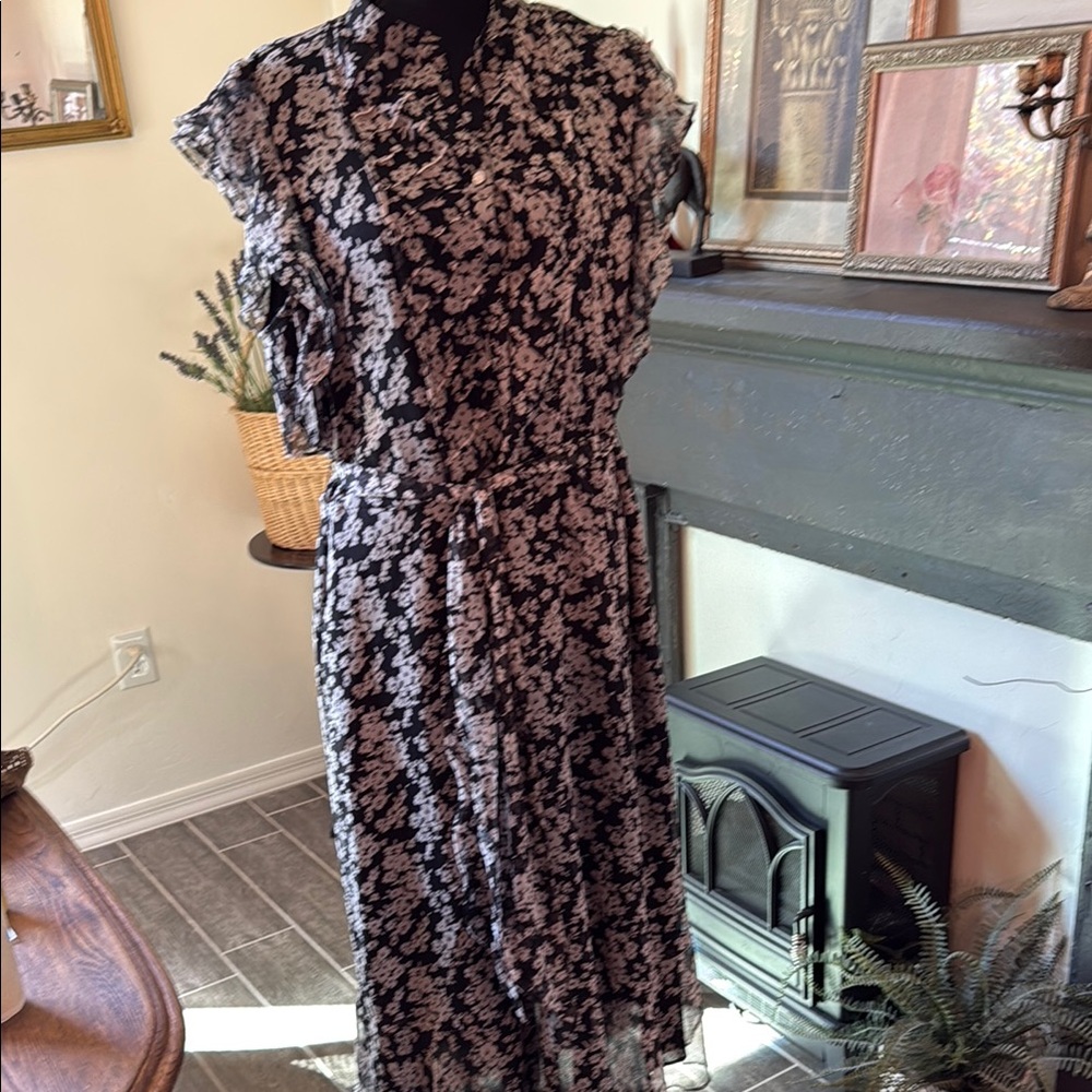 Ralph Lauren Brown and Cream Ruched Wrap Midi Dress